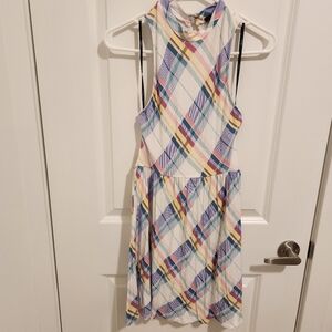 White dress with colorful stripes